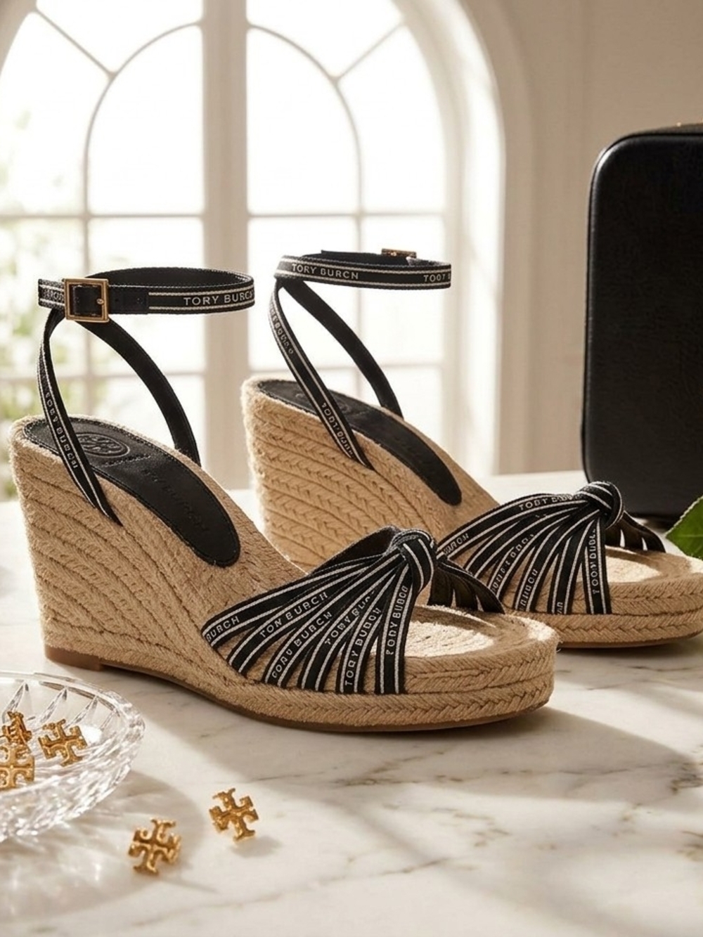 Tory Burch Logo Ribbon Espadrille Wedge Sandals